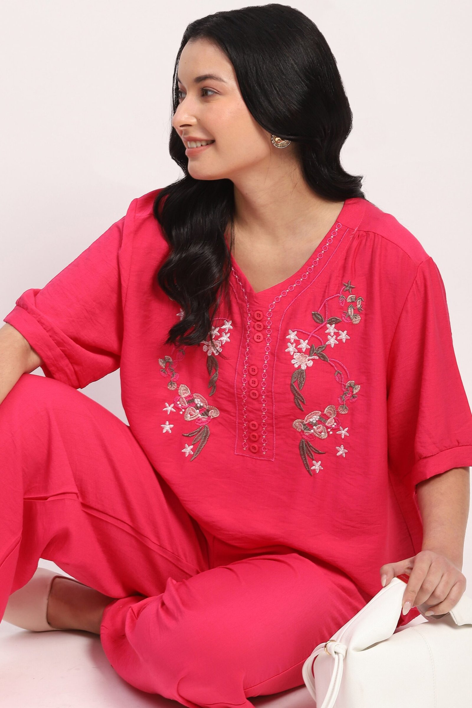 Hot Pink Floral Embroidered Loungwear Set