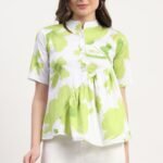 Green Cotton Satin Abstract Print Top