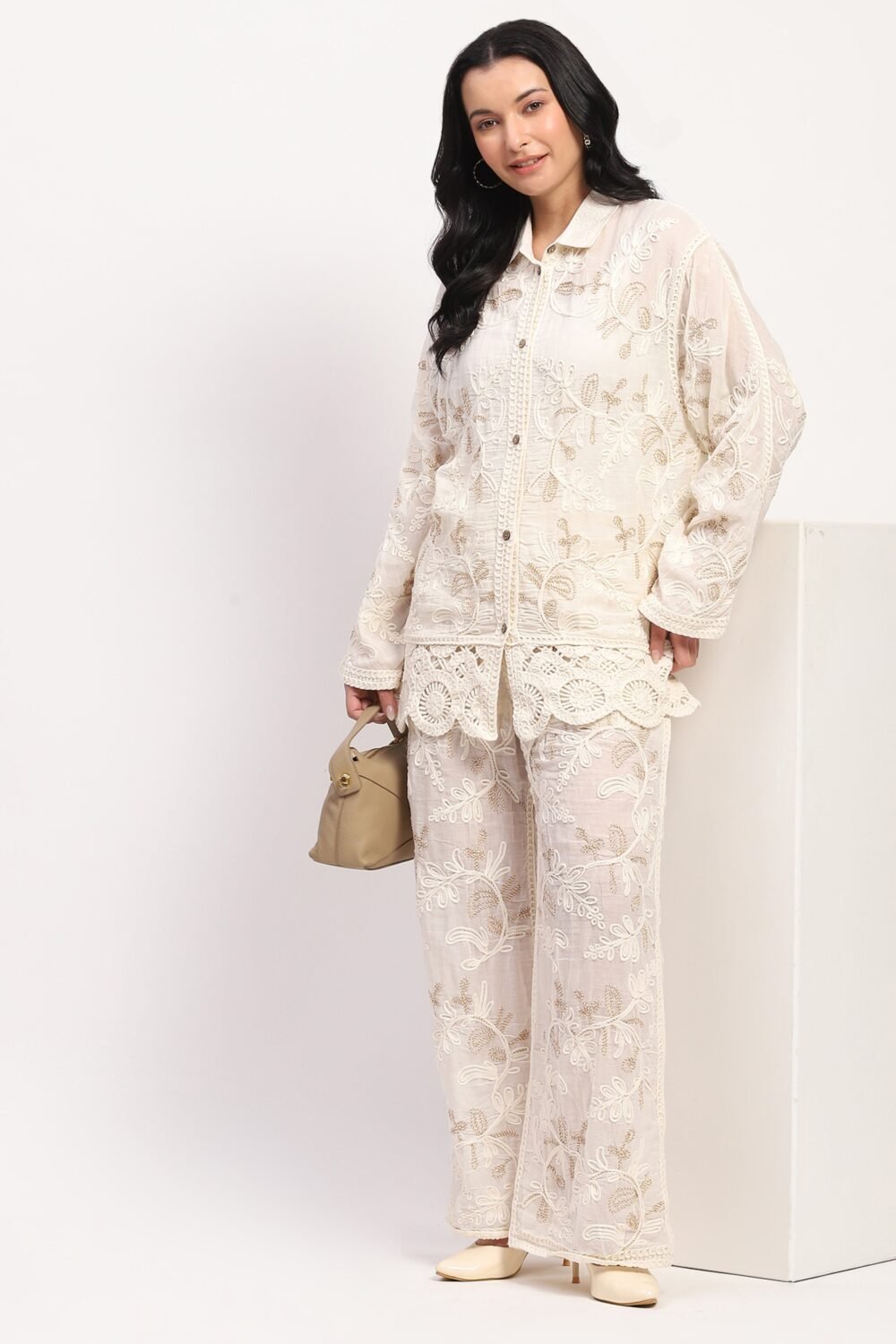 Cream Floral Embroidered Set