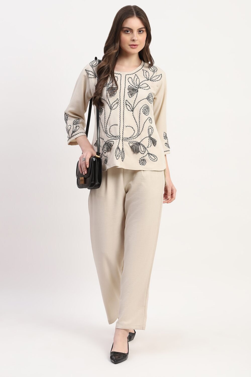 Cream Rayon Blend Embroidered Co-ord Set