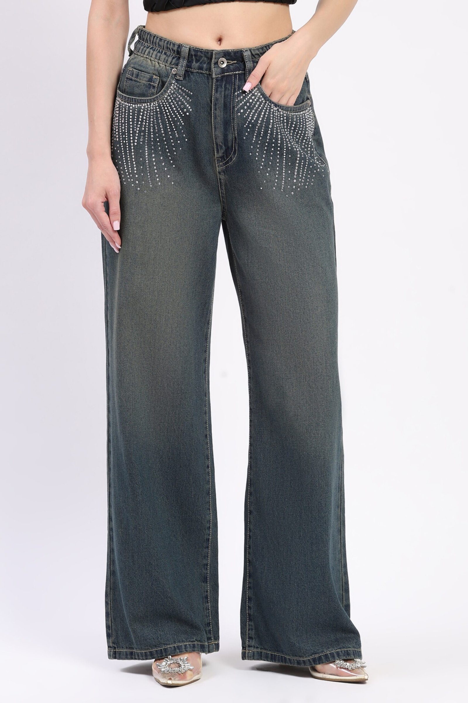 Blue Wide Leg Embellished Jeans