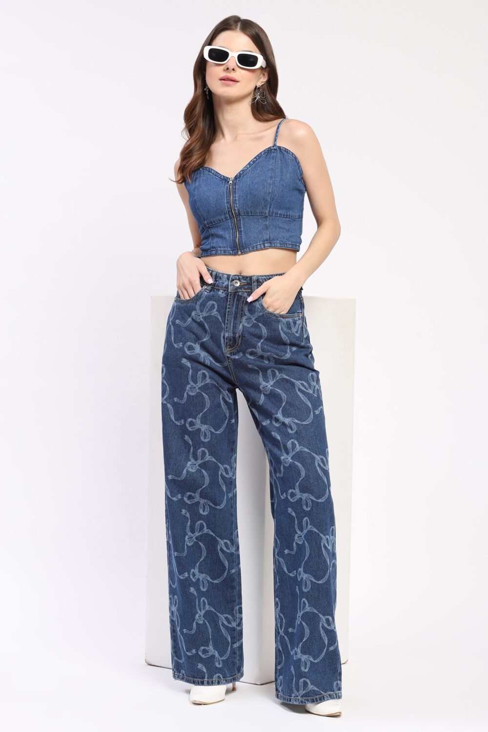 Blue Bow Print Wide Leg Jeans