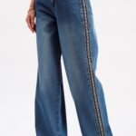 Blue Wide Leg Embroidered Jeans