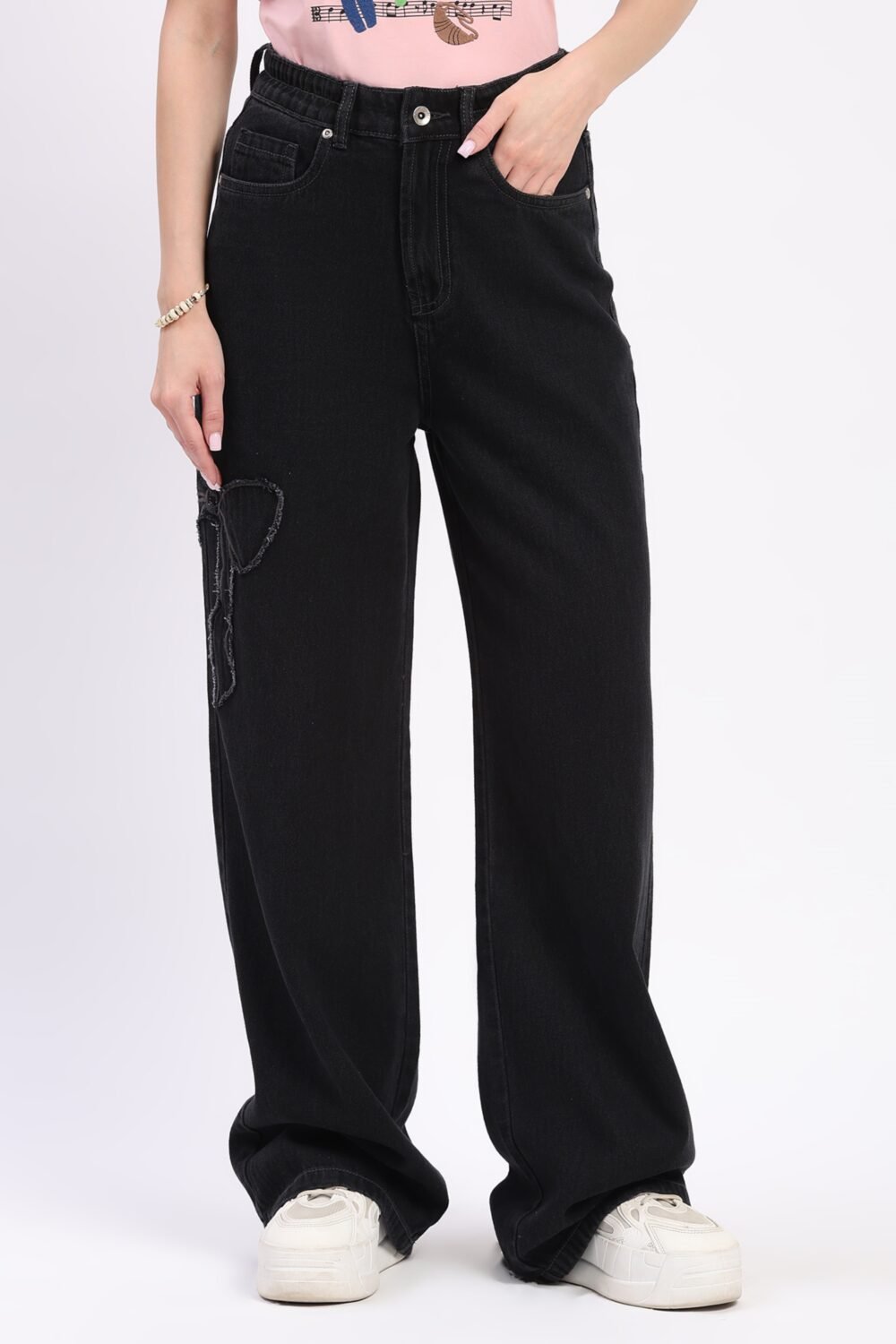 Black Bow Appliqu? Wide Leg Jeans