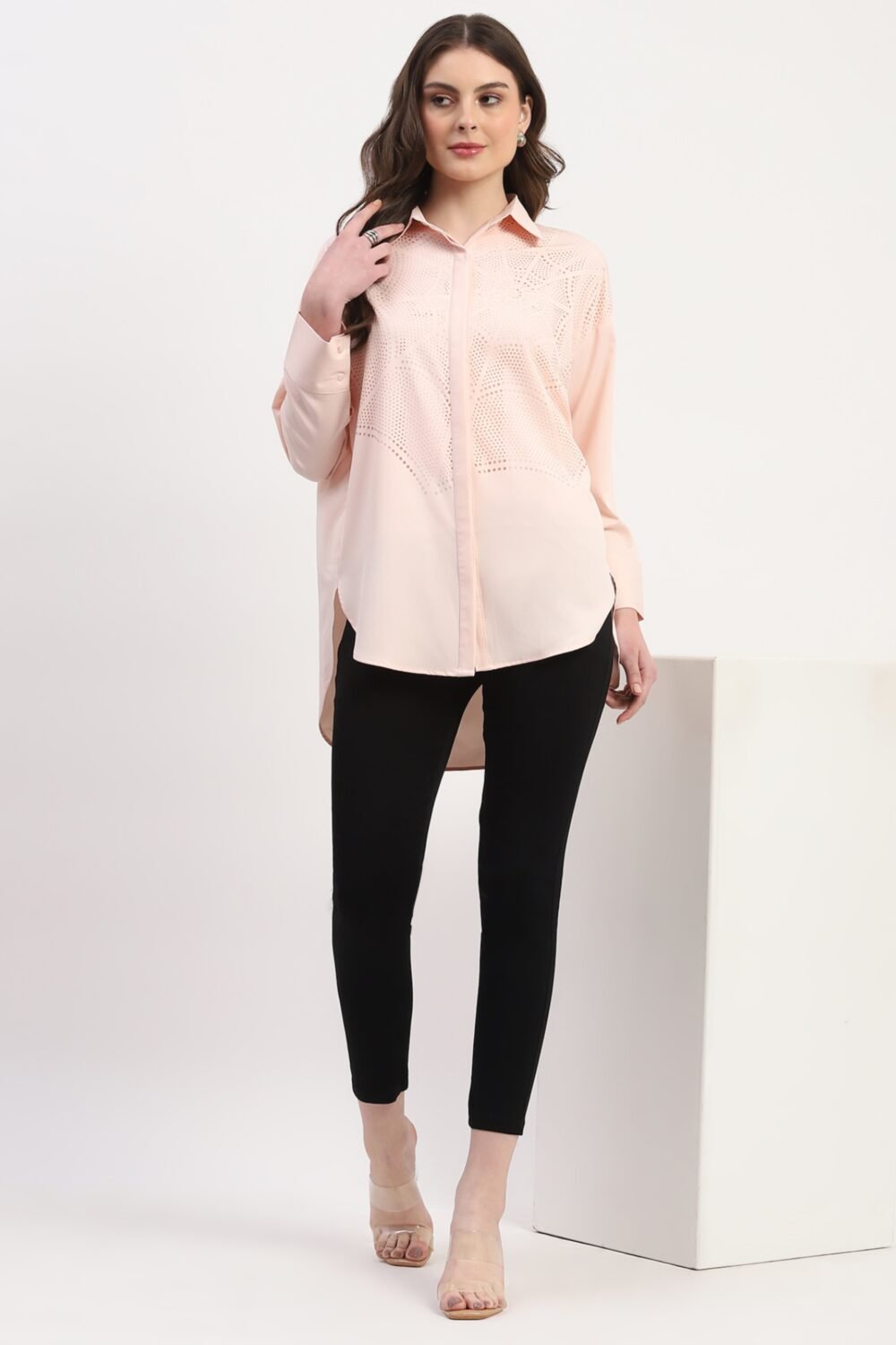 Pink Polyester Cut work Solid Shirt