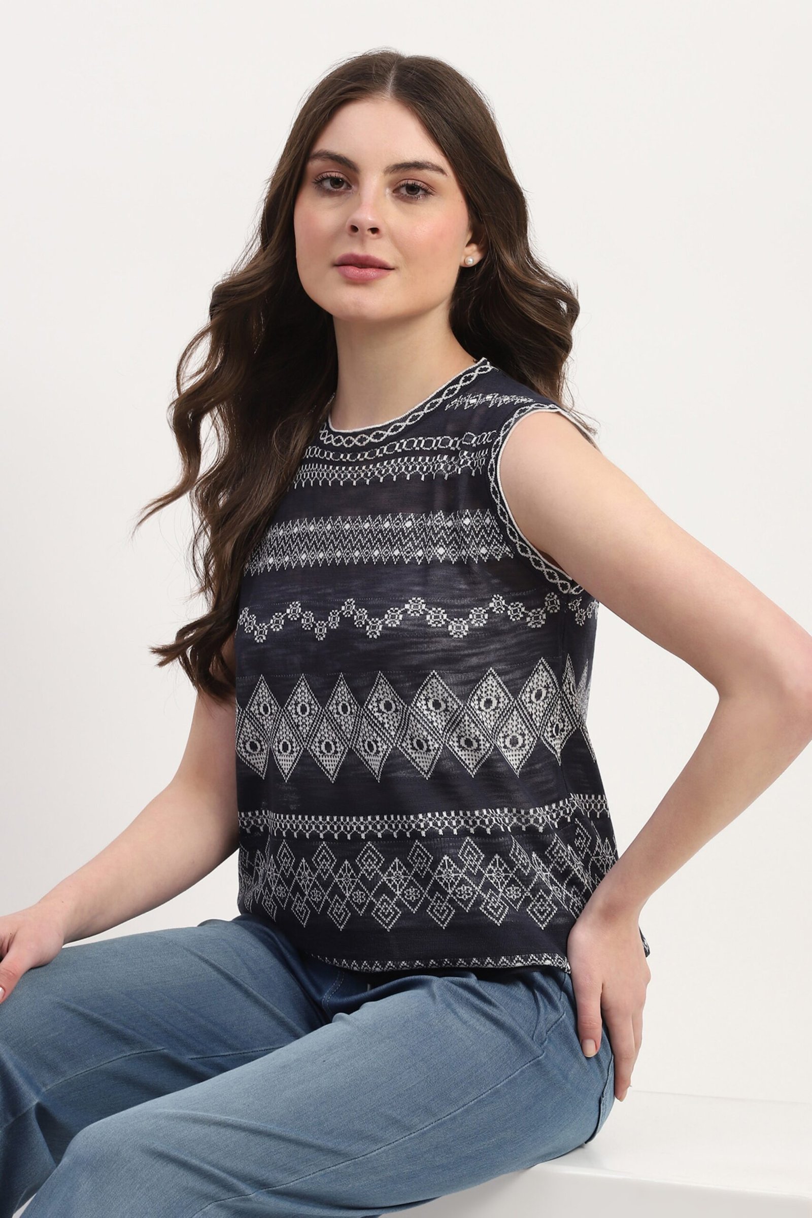 Navy Viscose Blend Woven Top