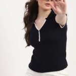 Navy Viscose Nylon Knitted Top