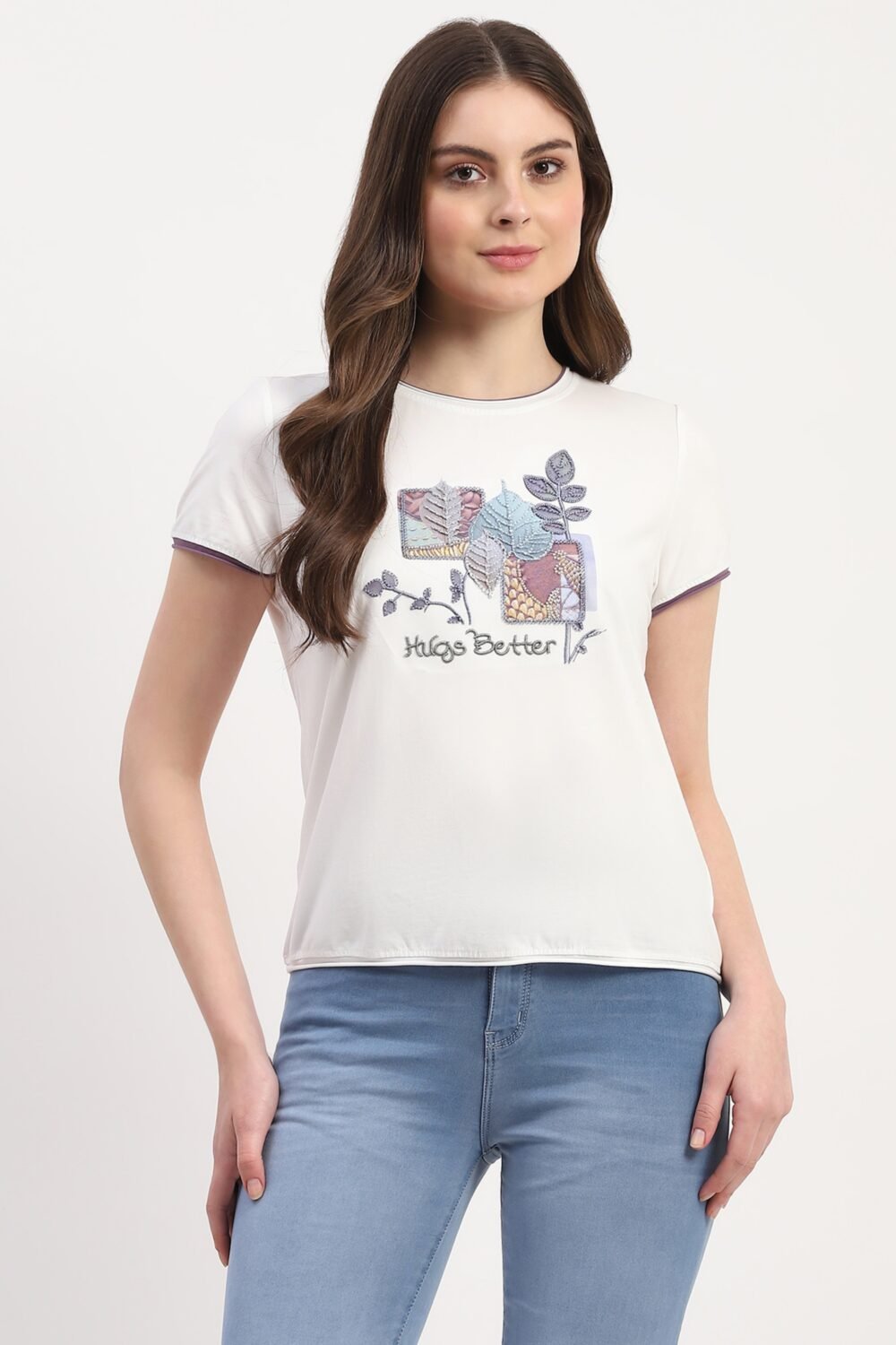 White Modal Spandex Printed & Embroidered Top