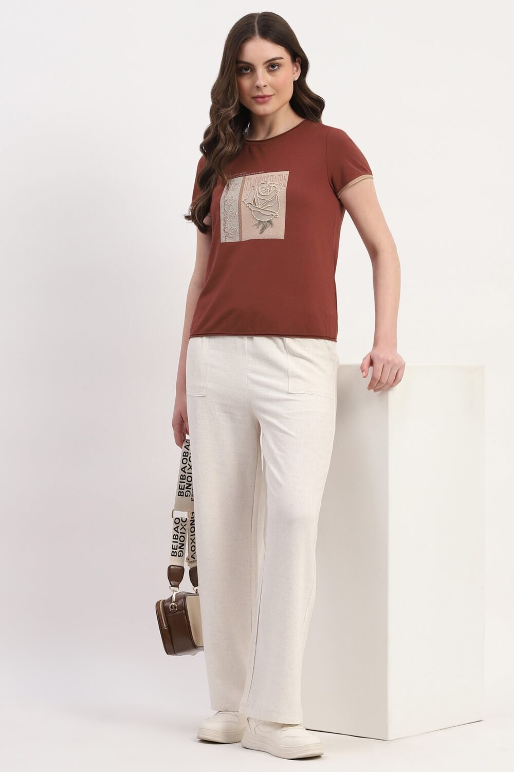 Brown Modal Spandex Printed & Embroidered Top