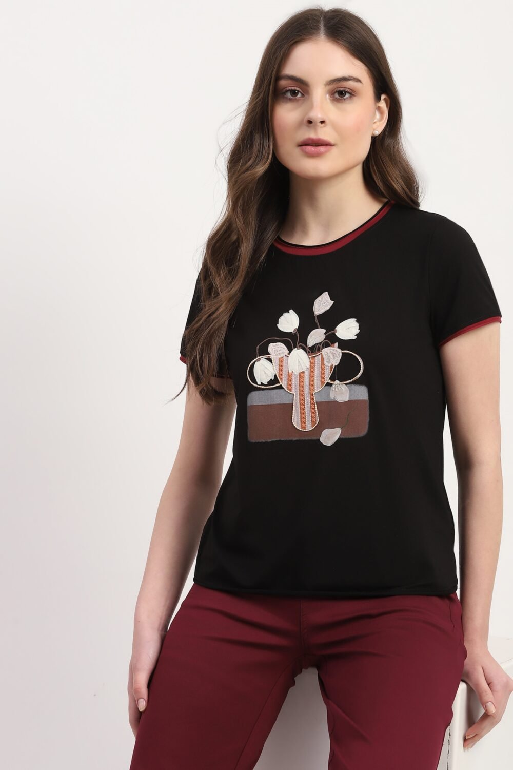 Black Modal Blend Applique & embroidered Top