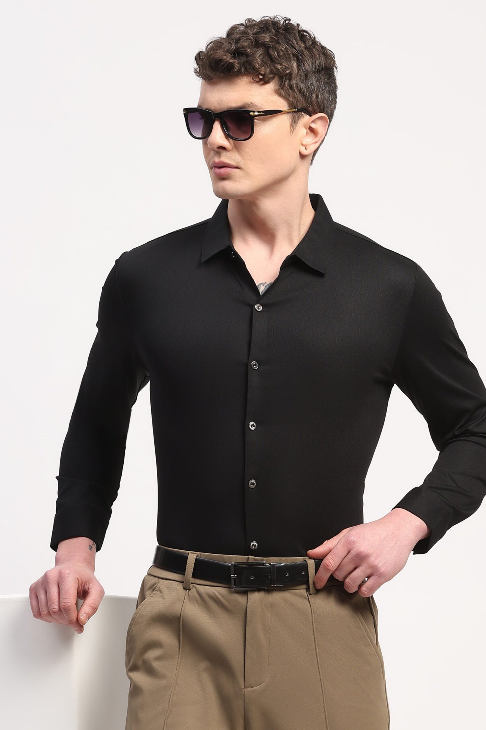 Black Nylon Spandex Solid Shirt