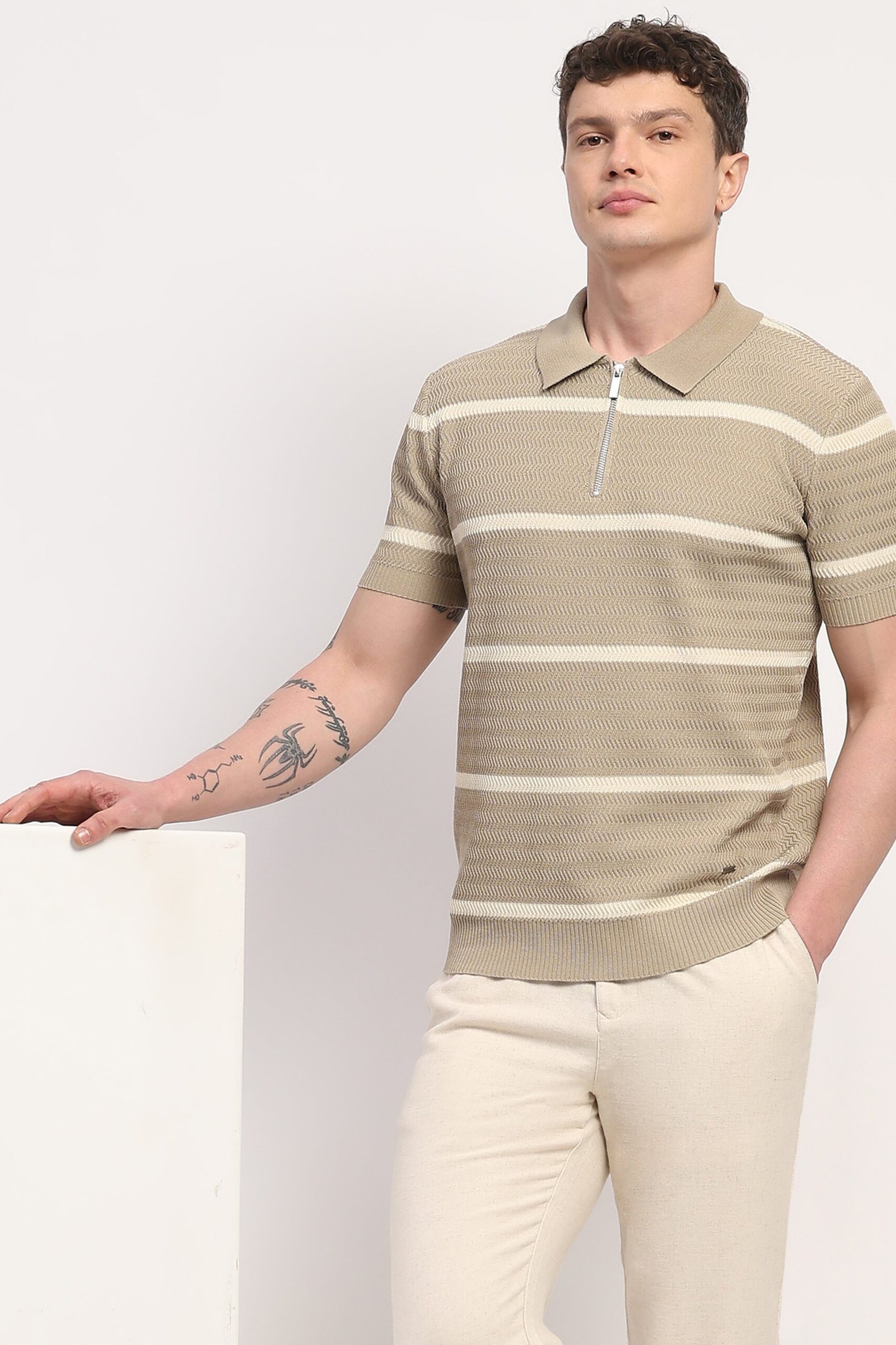 Brown Viscose Blend Striped T-Shirt