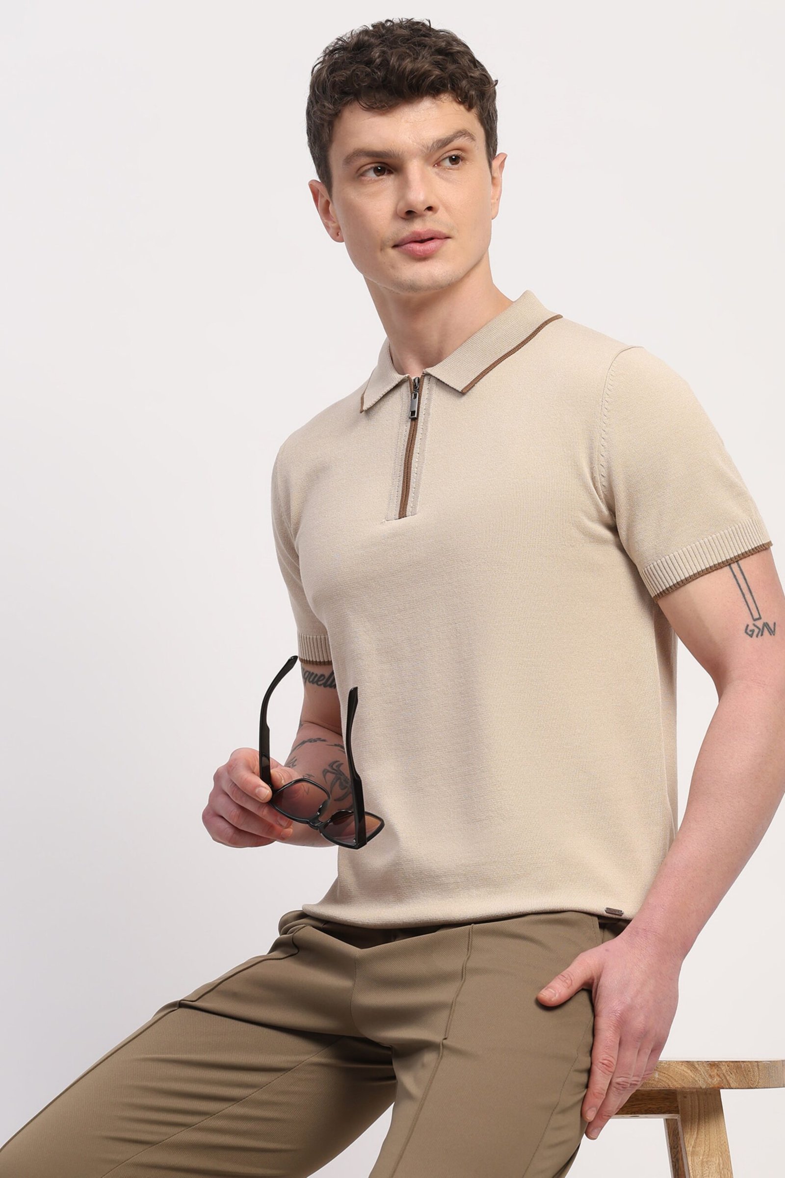 Beige Viscose Blend Solid T-Shirt