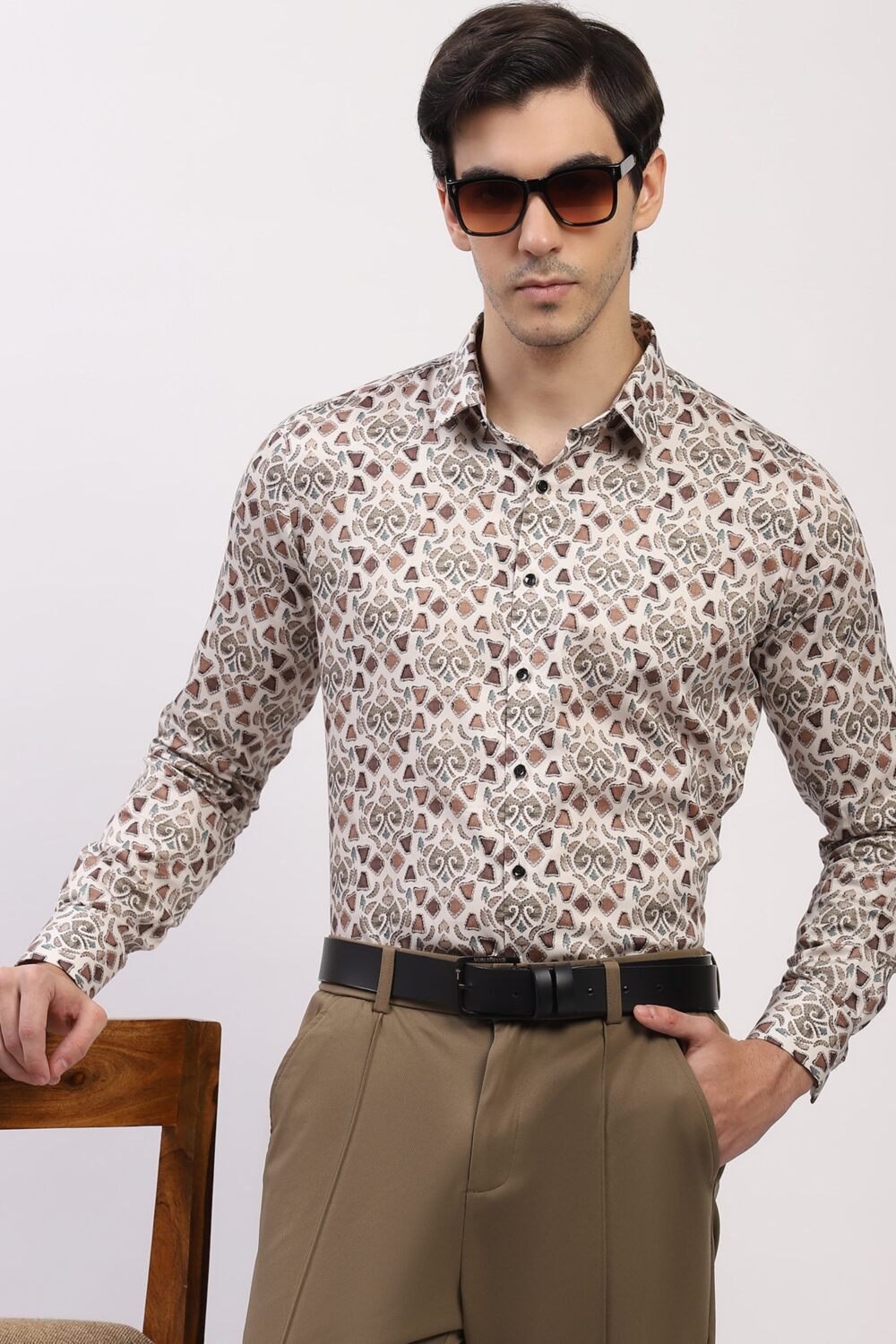 Cream Abstract Print Cotton Blend Shirt