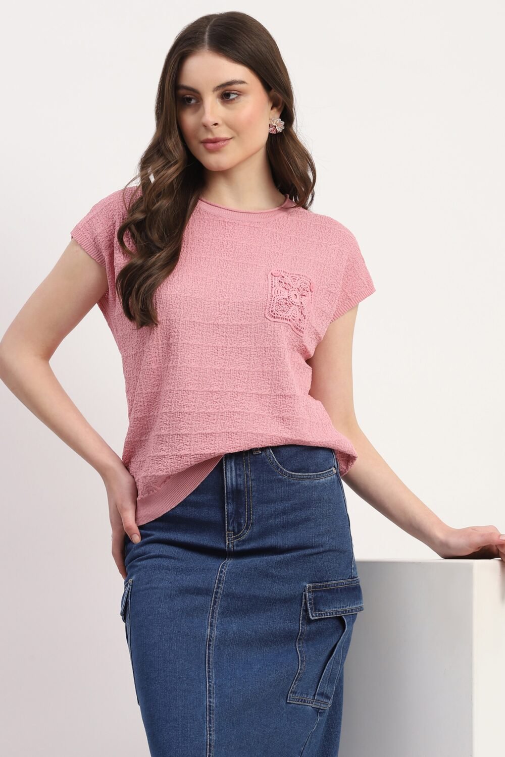 Pink Viscose Blend Textured Top