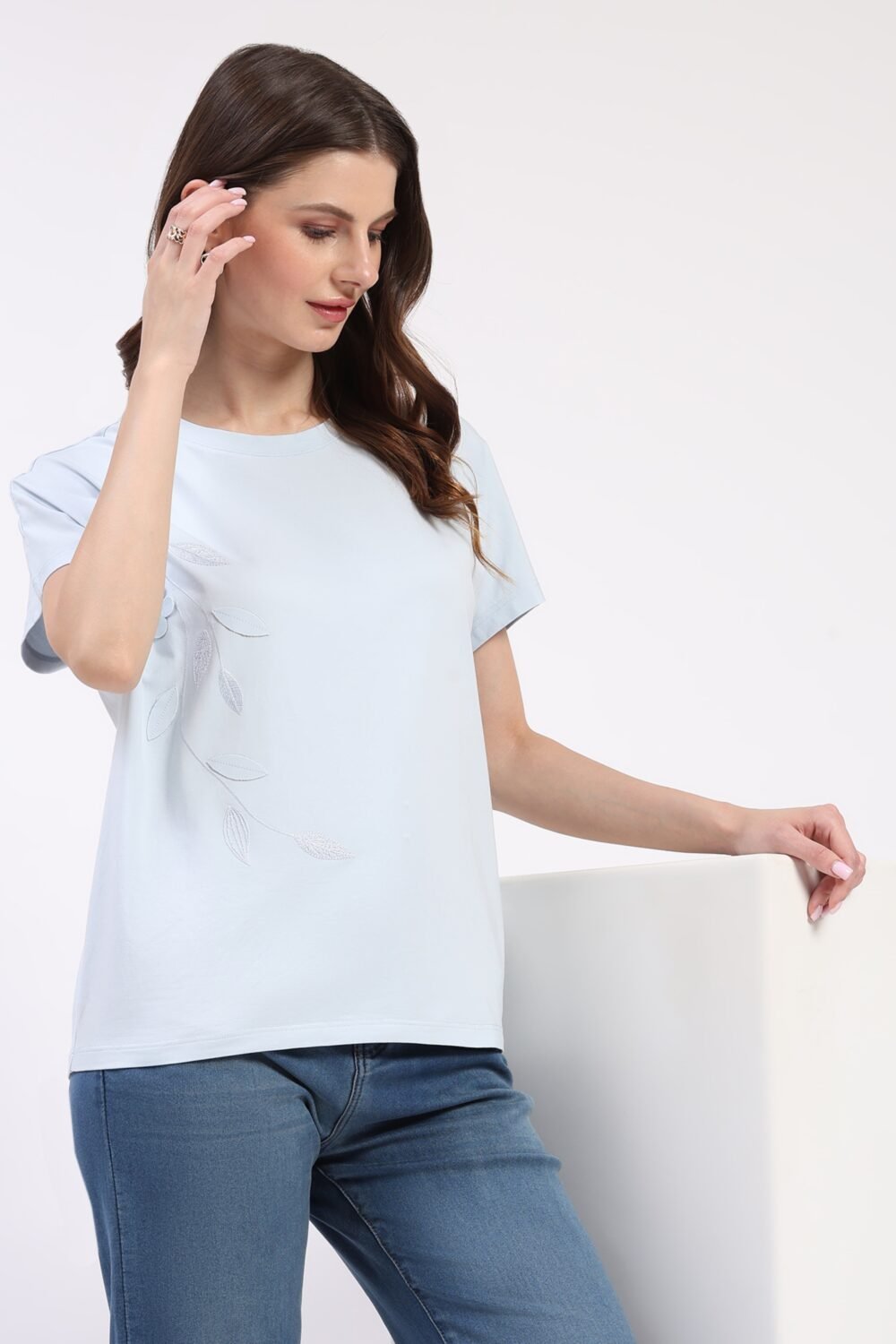 Sky Blue Floral Applique Top