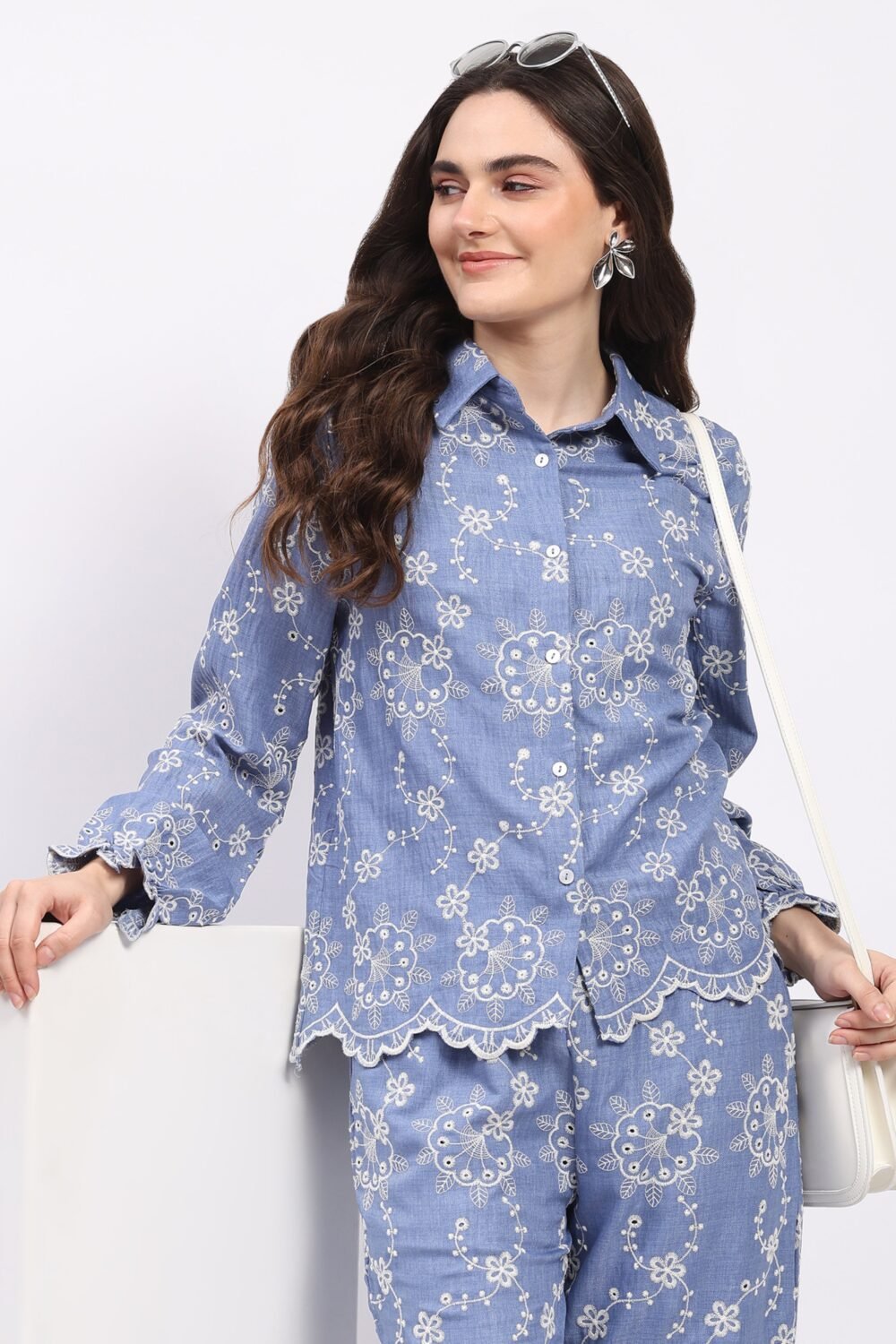 Blue Floral Embroidered Bishop-Sleeve Shirt