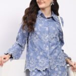 Blue Floral Embroidered Bishop-Sleeve Shirt