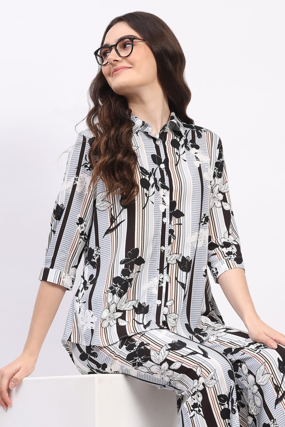Multi Floral & Striped Print Rayon Shirt