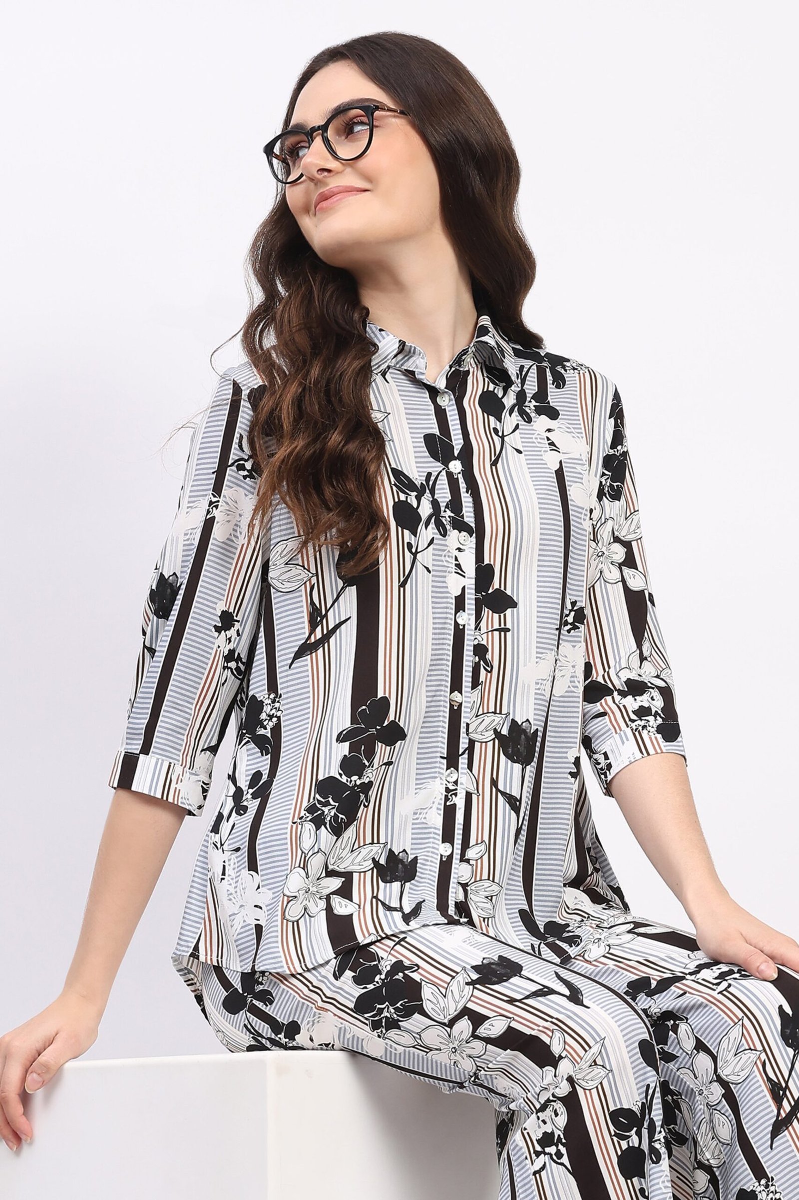 Multi Floral & Striped Print Rayon Shirt