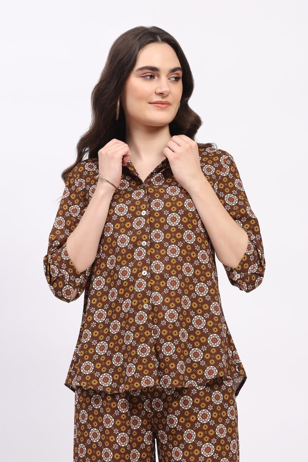 Brown Floral Print Cotton Shirt