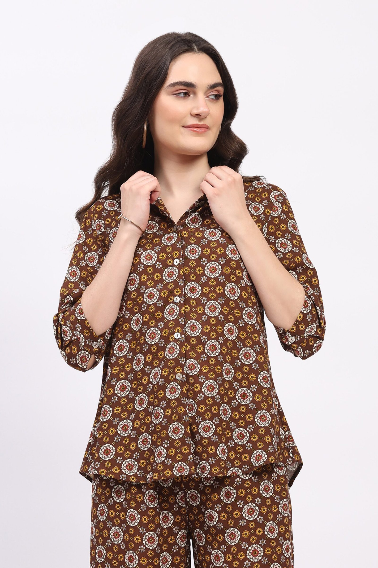 Brown Floral Print Cotton Shirt