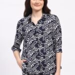 Navy Blue Leaf & Floral Print Rayon Shirt