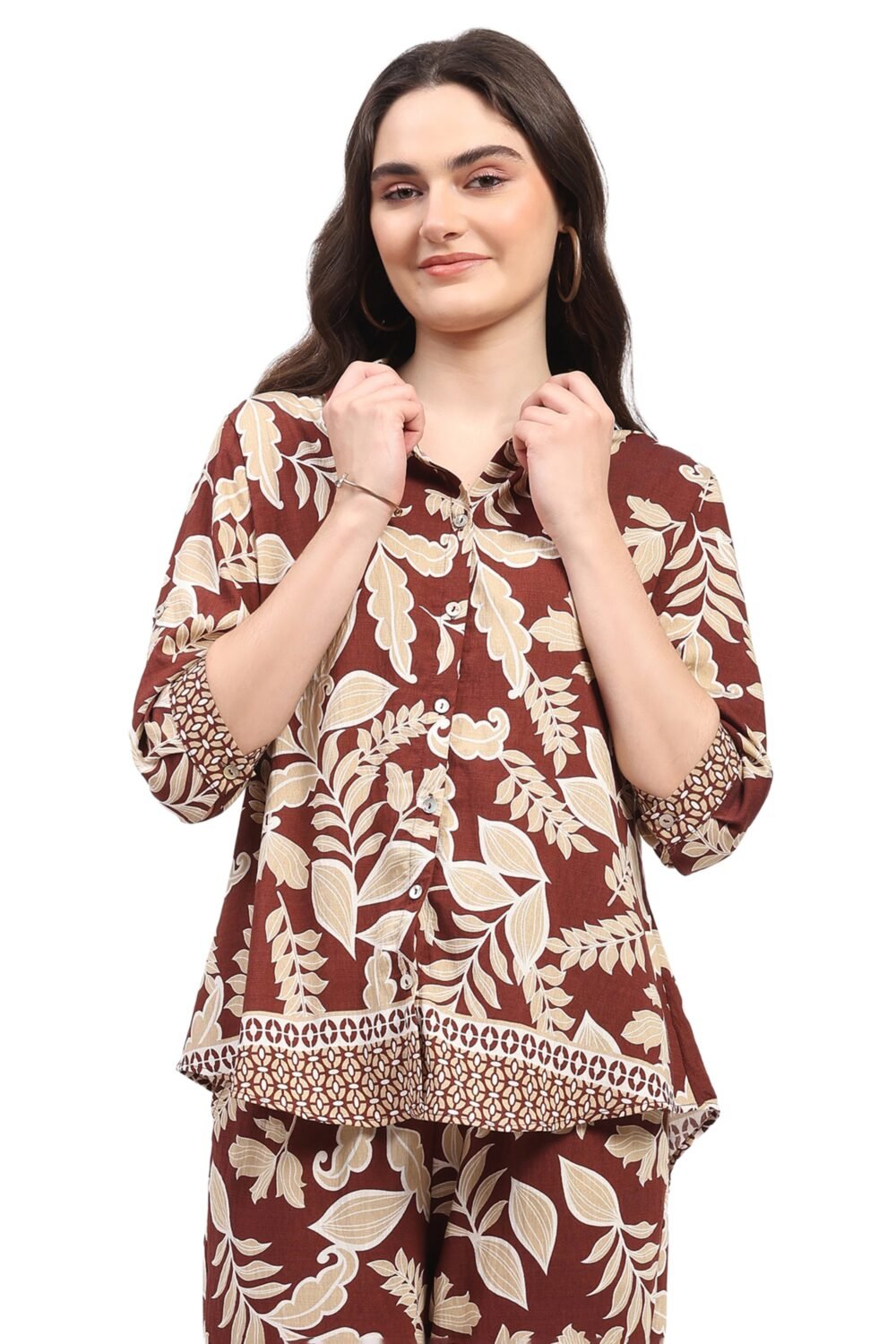 Brown Leaf & Floral Print Rayon Shirt