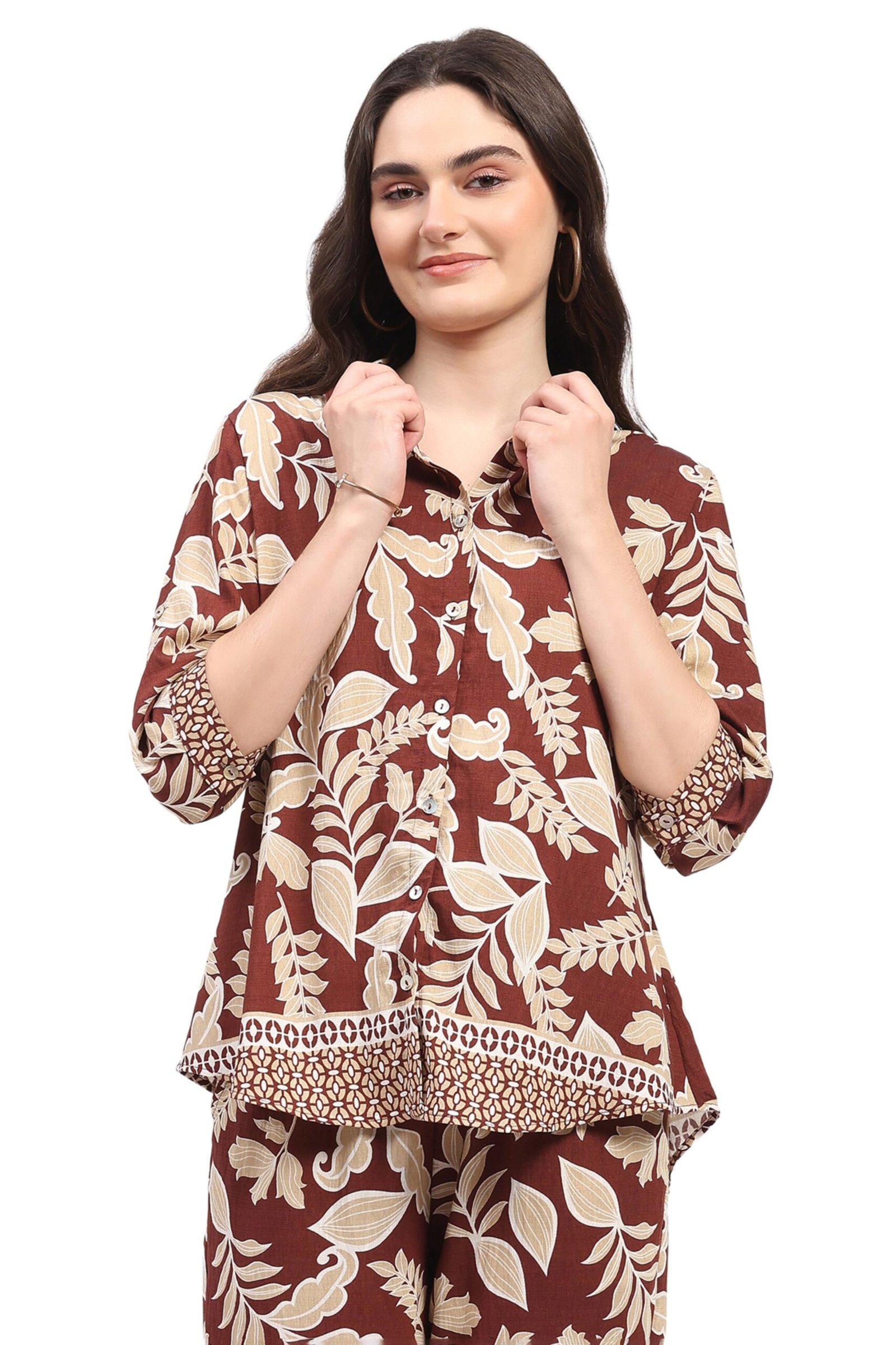 Brown Leaf & Floral Print Rayon Shirt