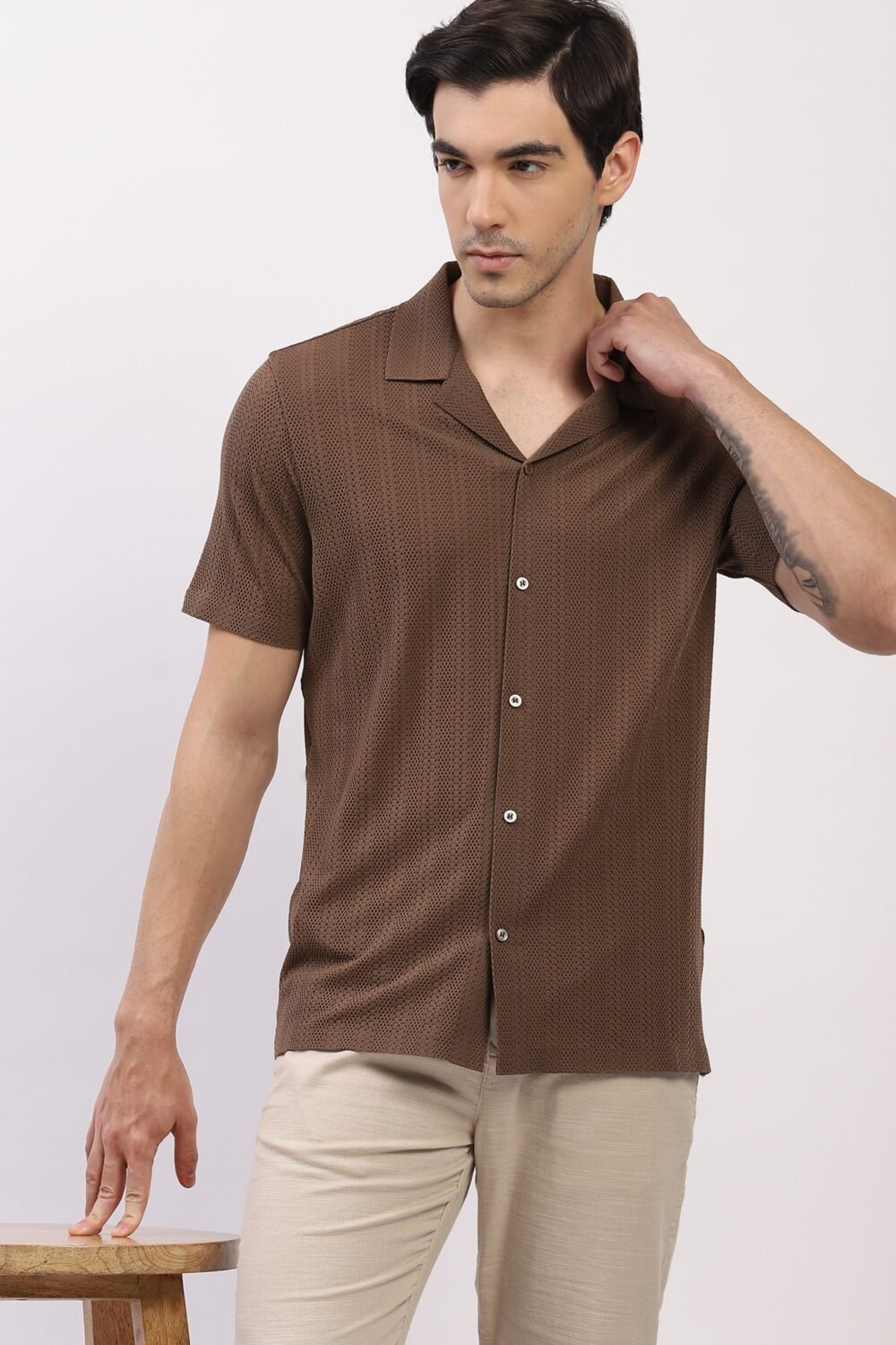 Brown Textured Cuban Collar Shirt