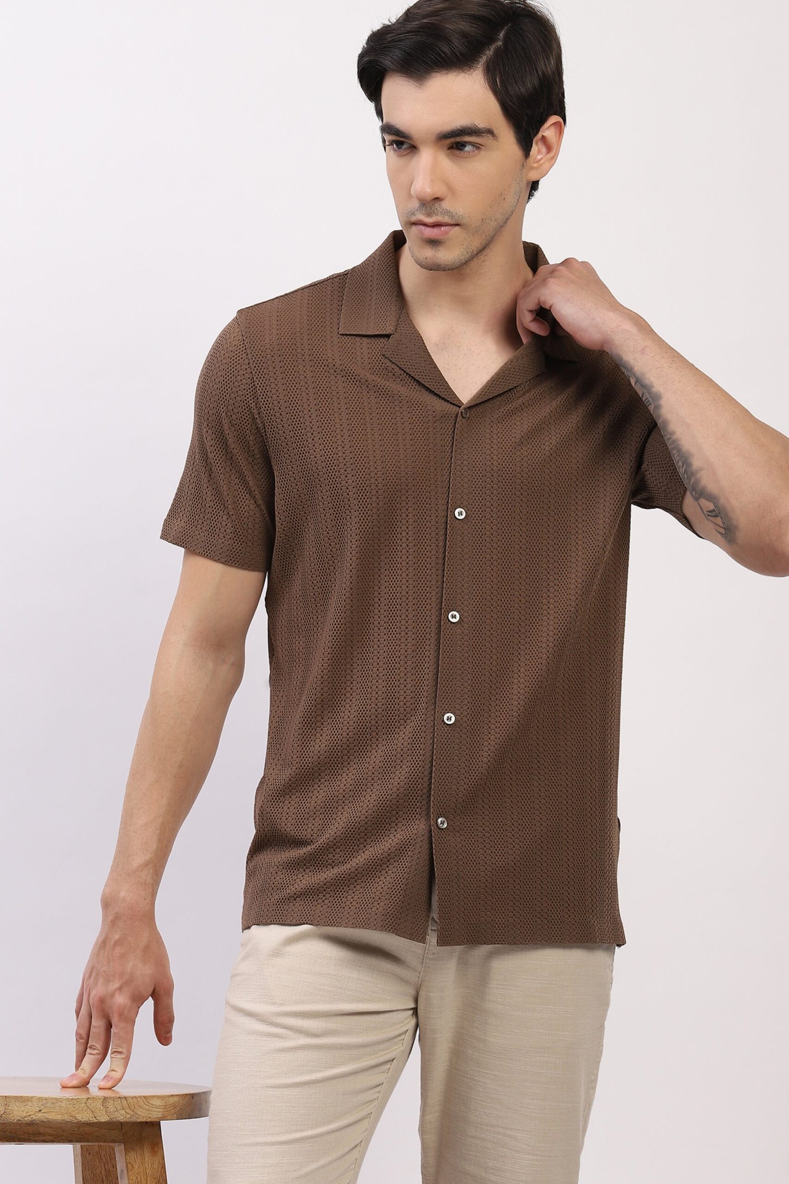 Brown Textured Cuban Collar Shirt