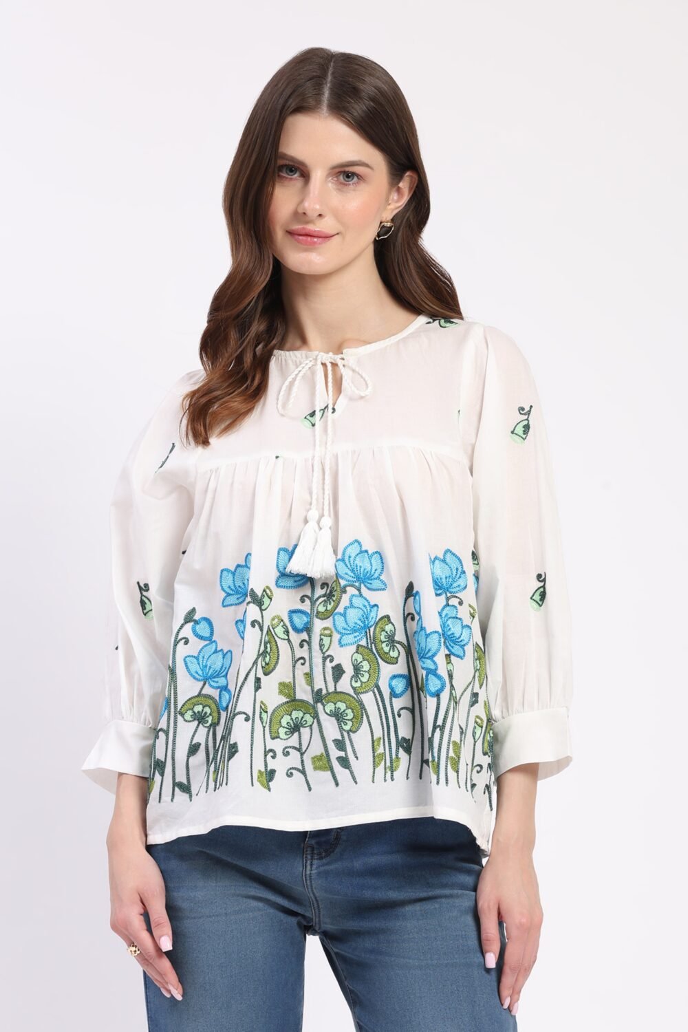 White Floral Embroidered Cotton Top