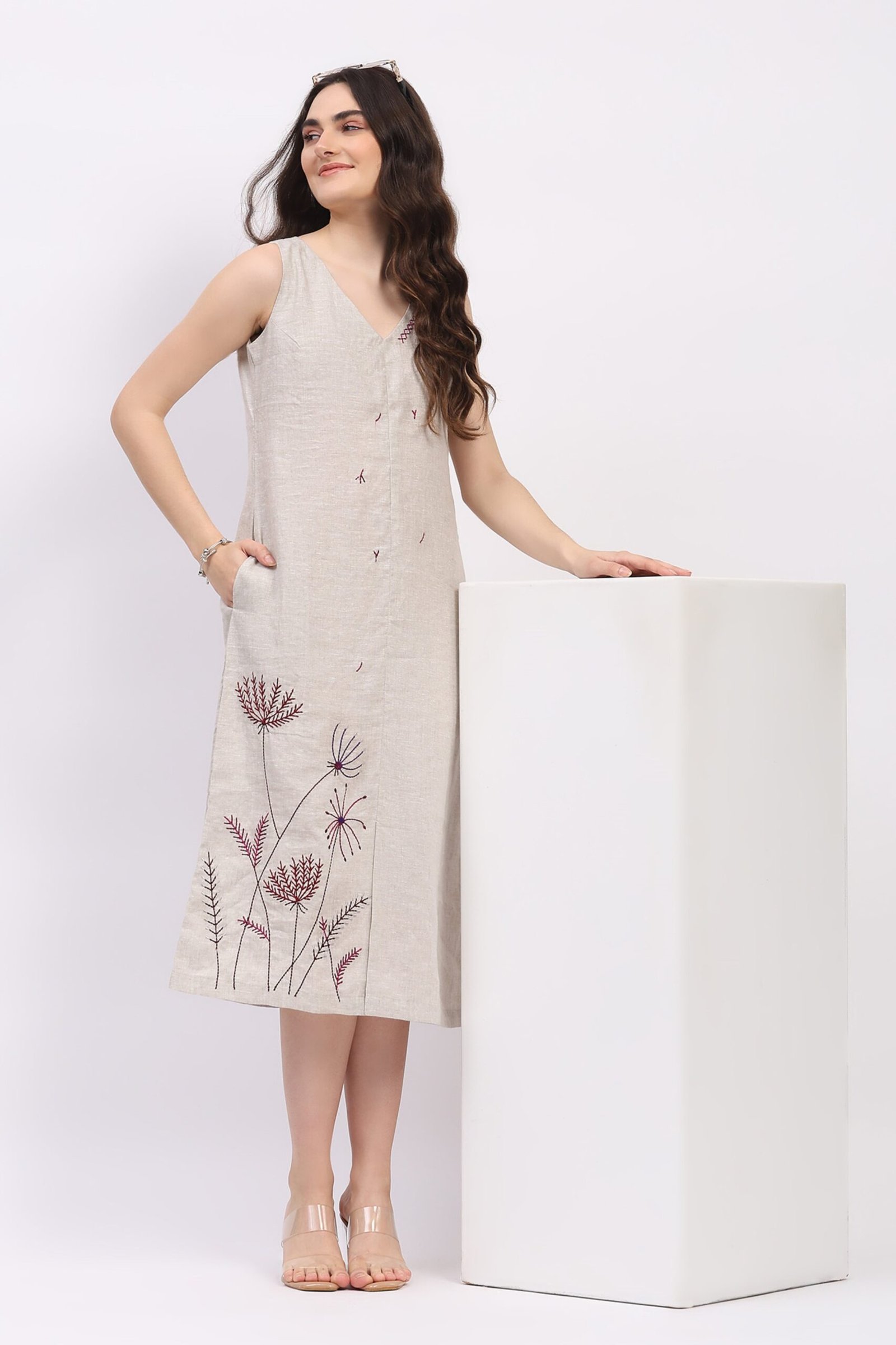 Off-White Embroidered Linen Dress