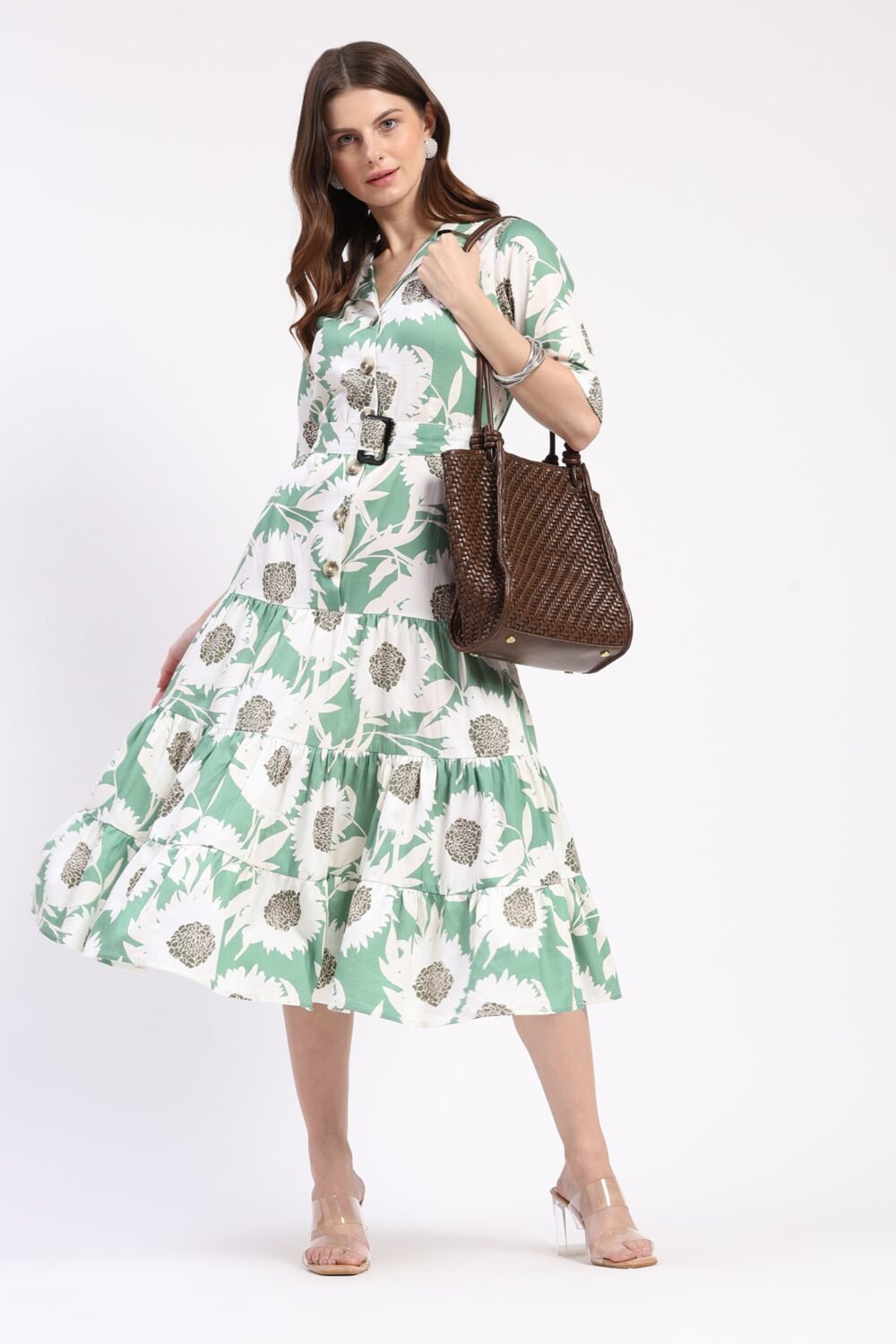 Sage Green Floral Tiered Midi Dress