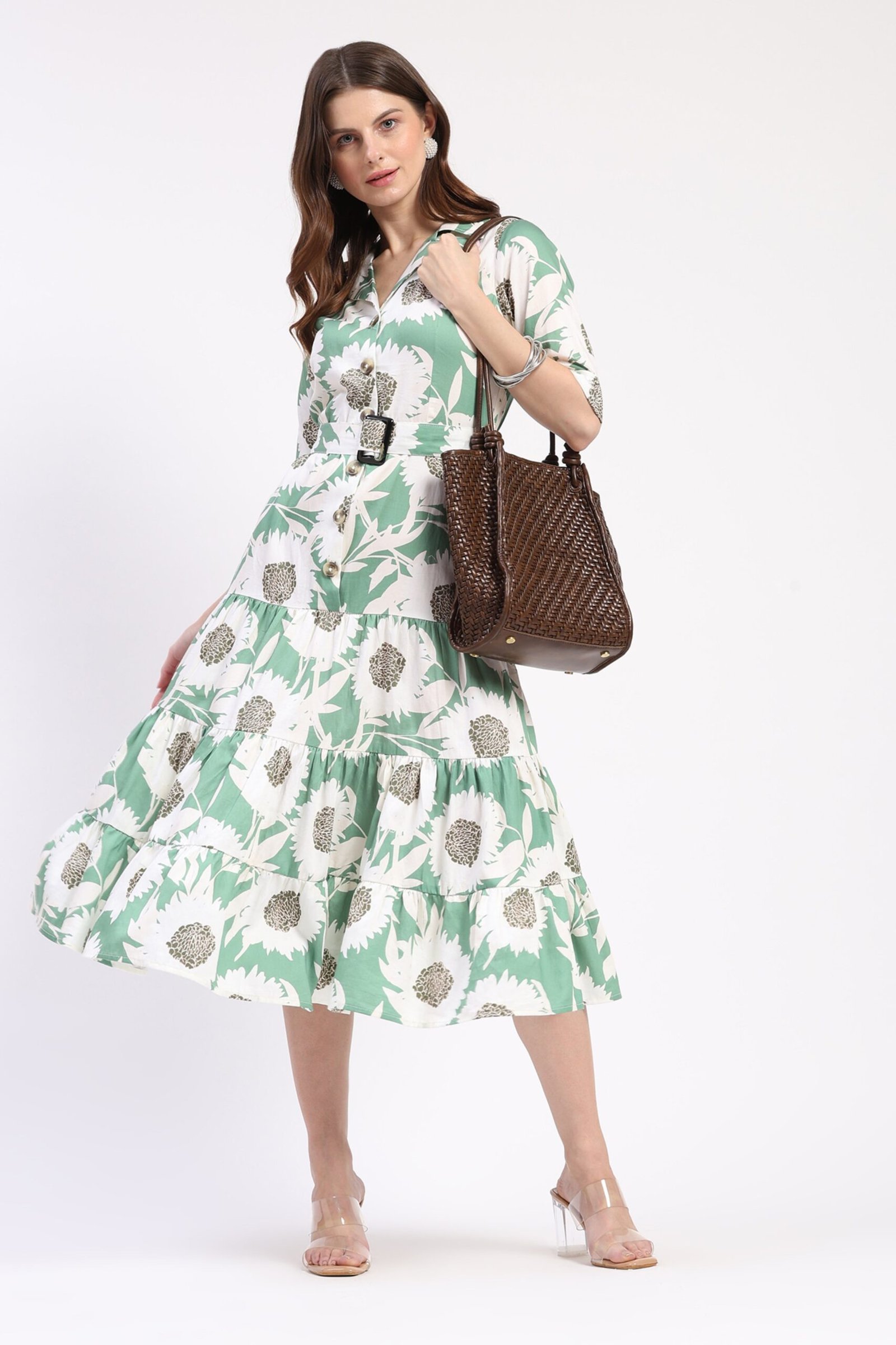 Sage Green Floral Tiered Midi Dress