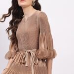 Beige Pleated Fit & Flare Midi Dress