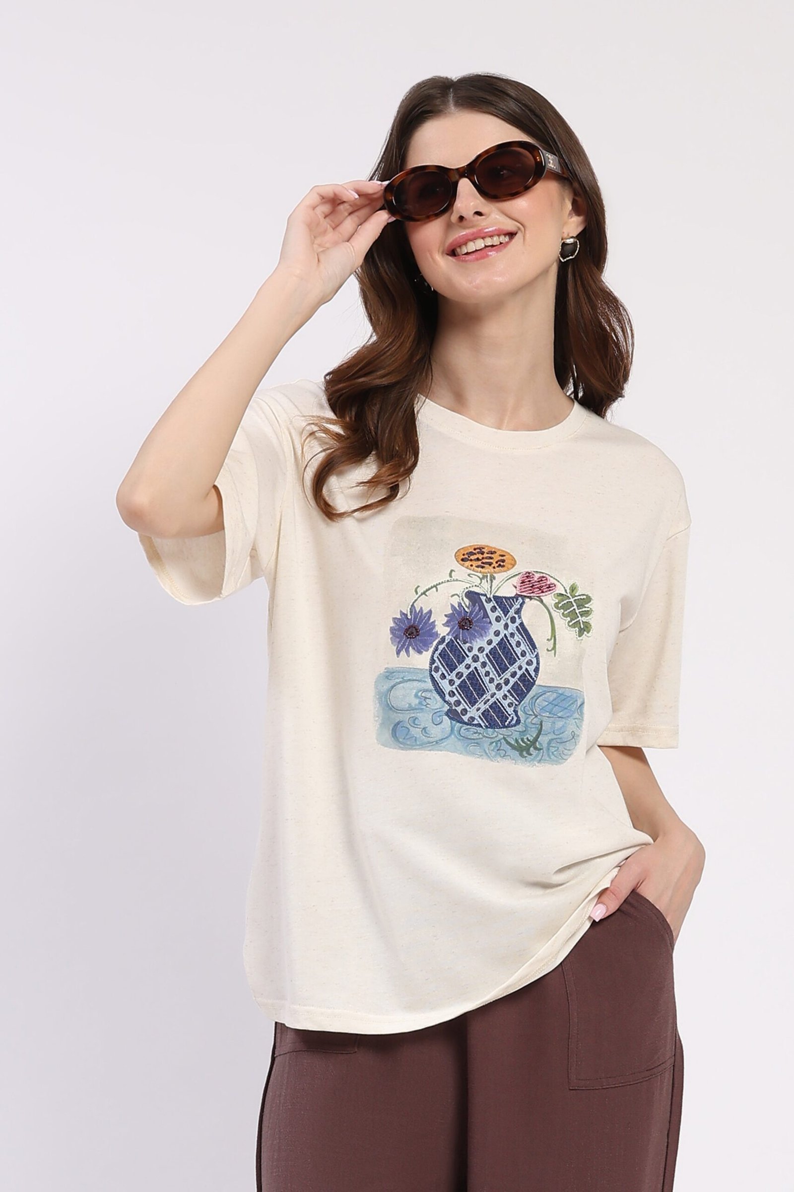 Cream Floral Vase Embroidered Top