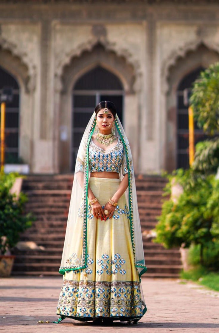 Off white & Lemon Yellow Pure Raw Silk Resham & Dabka work Lehenga