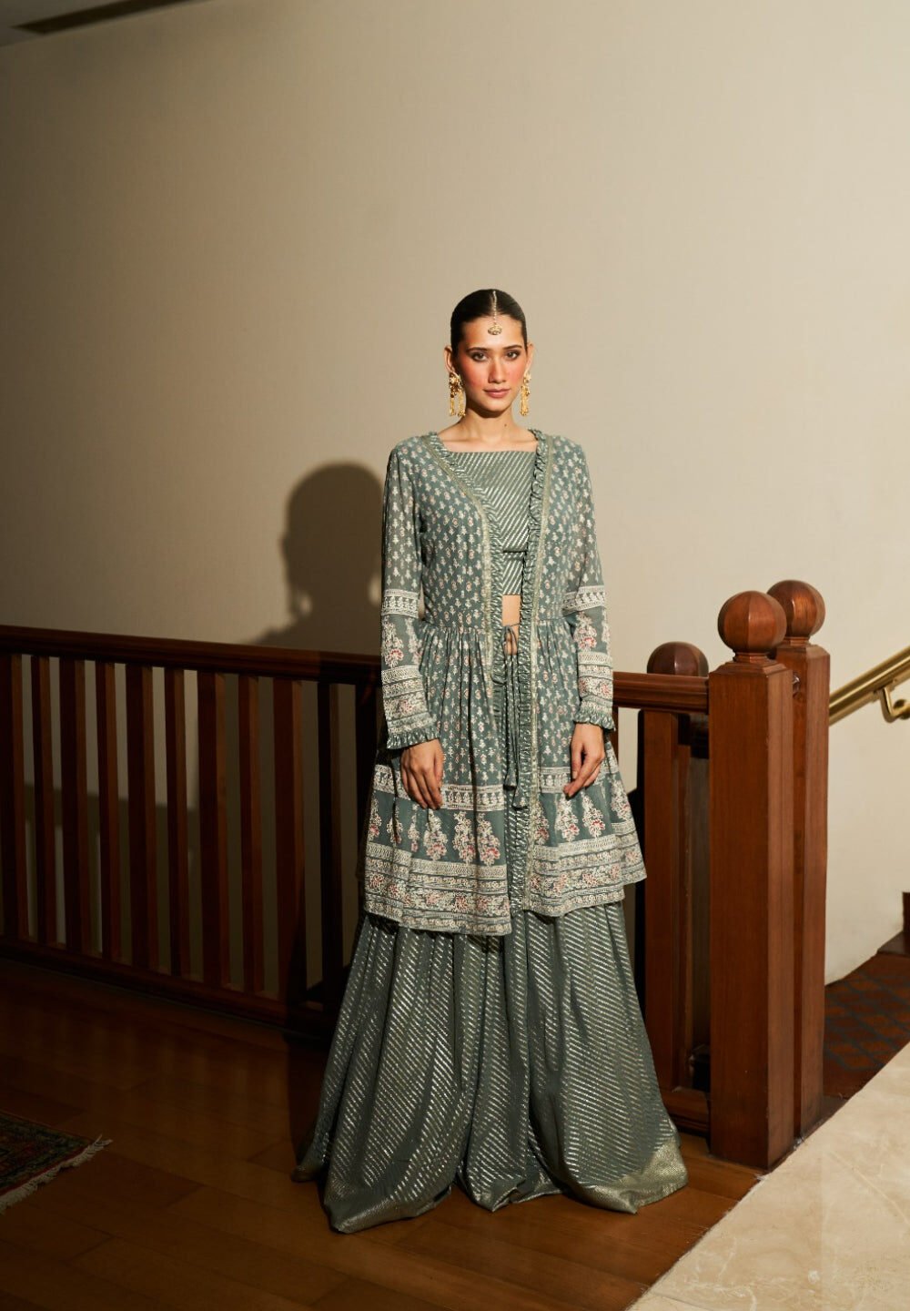 Pure Georgette Foil Printed Shrug With Skirt Set