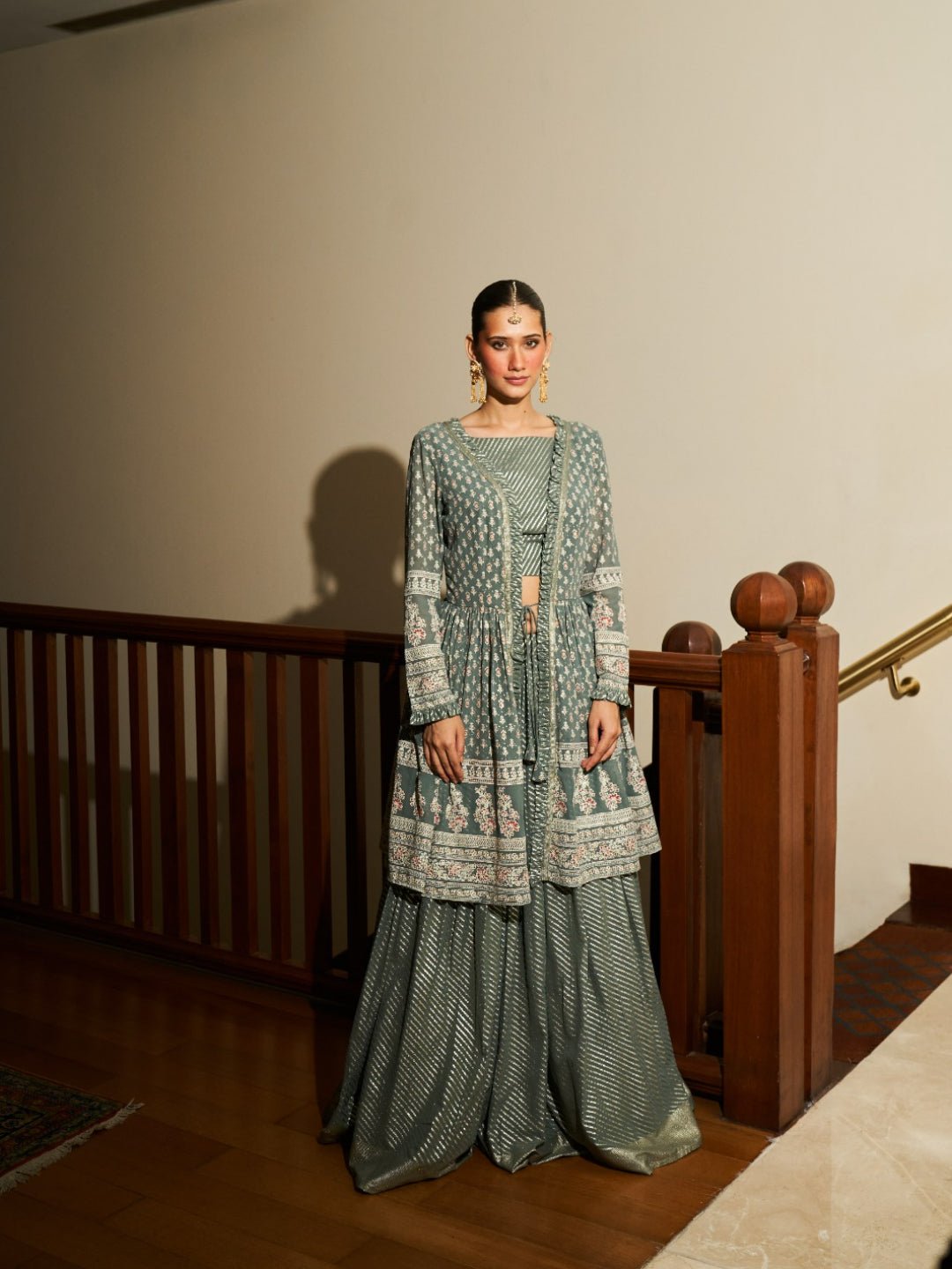 Pure Georgette Foil Printed Shrug With Skirt Set