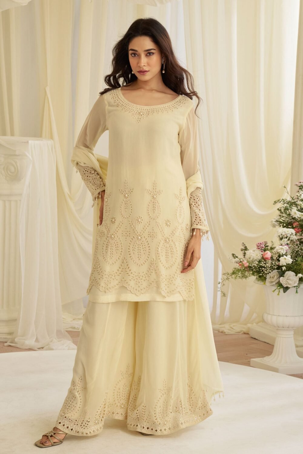 Cream Georgette Beads Work Women Readymade Palazzo Salwar Suit