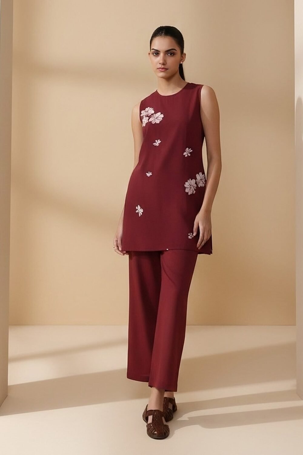 Cotton Floral Co-ord Set - Maroon
