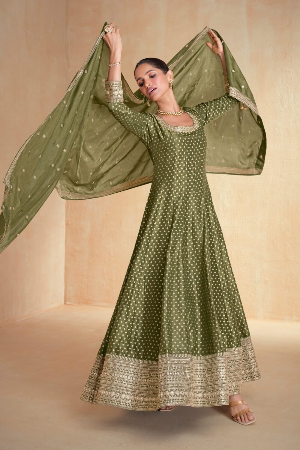 Green Zarkan Work Organza Jacquard Silk Women Readymade Anarkali Frock Suit