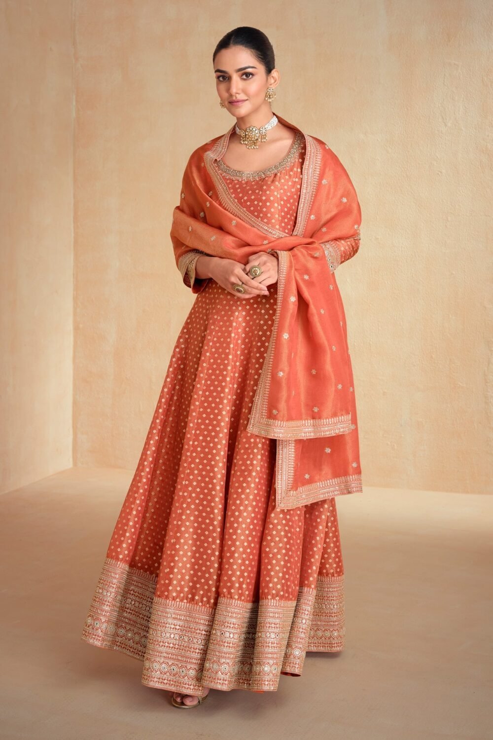 Peach Zarkan Work Organza Jacquard Silk Women Readymade Anarkali Frock Suit