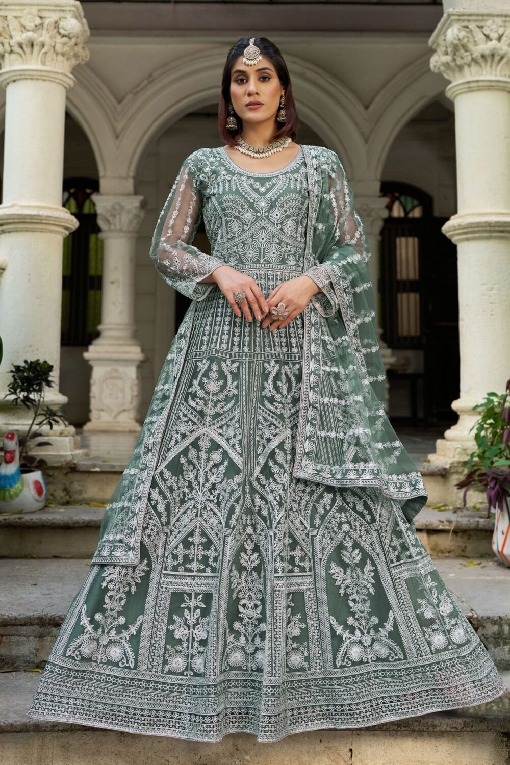 Green Net Readymade Anarkali Kurta Suit For Women With Dupatta