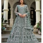 Green Net Readymade Anarkali Kurta Suit For Women With Dupatta