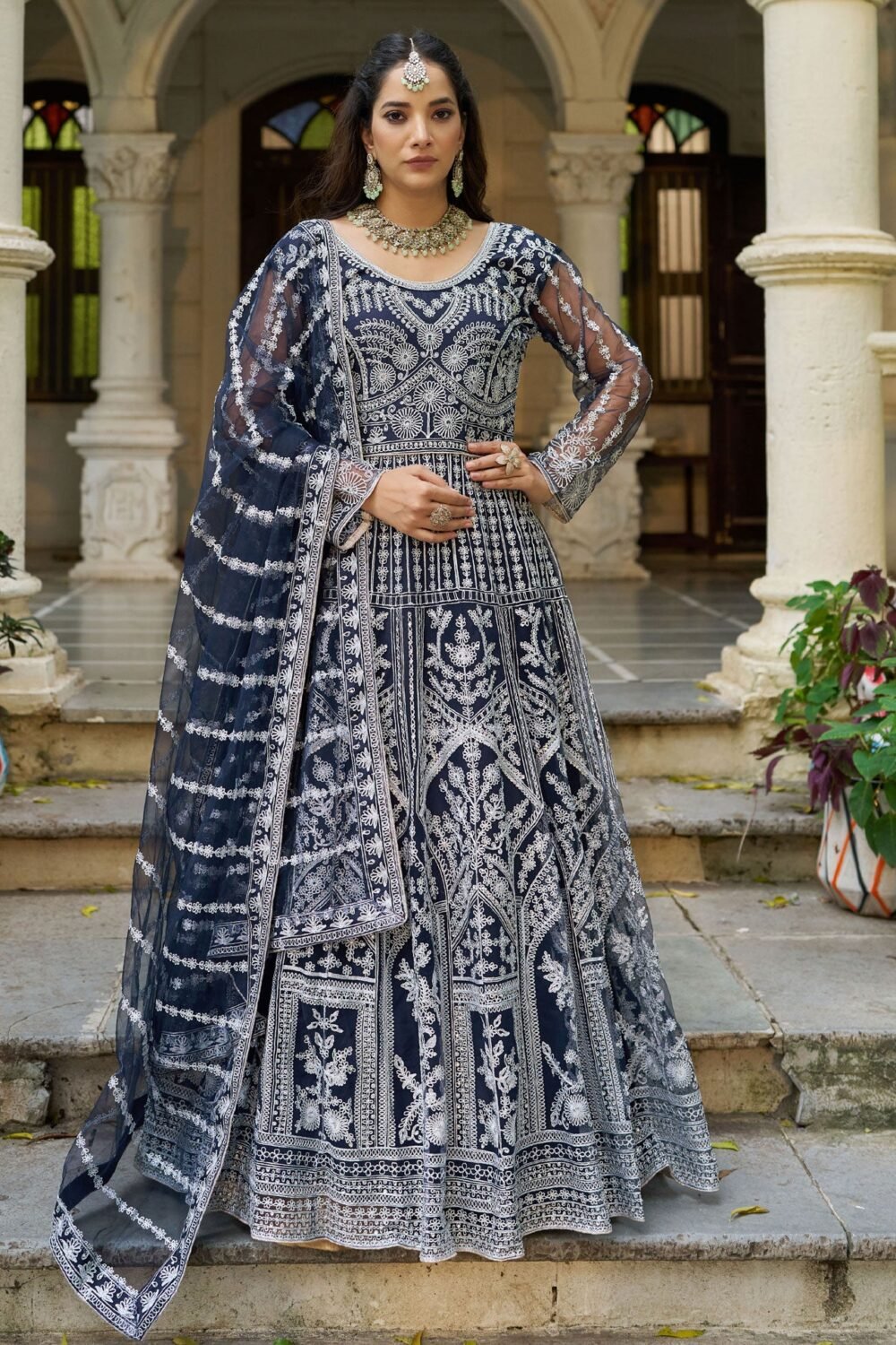 Blue Net Readymade Anarkali Kurta Suit For Women With Dupatta
