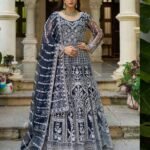 Blue Net Readymade Anarkali Kurta Suit For Women With Dupatta