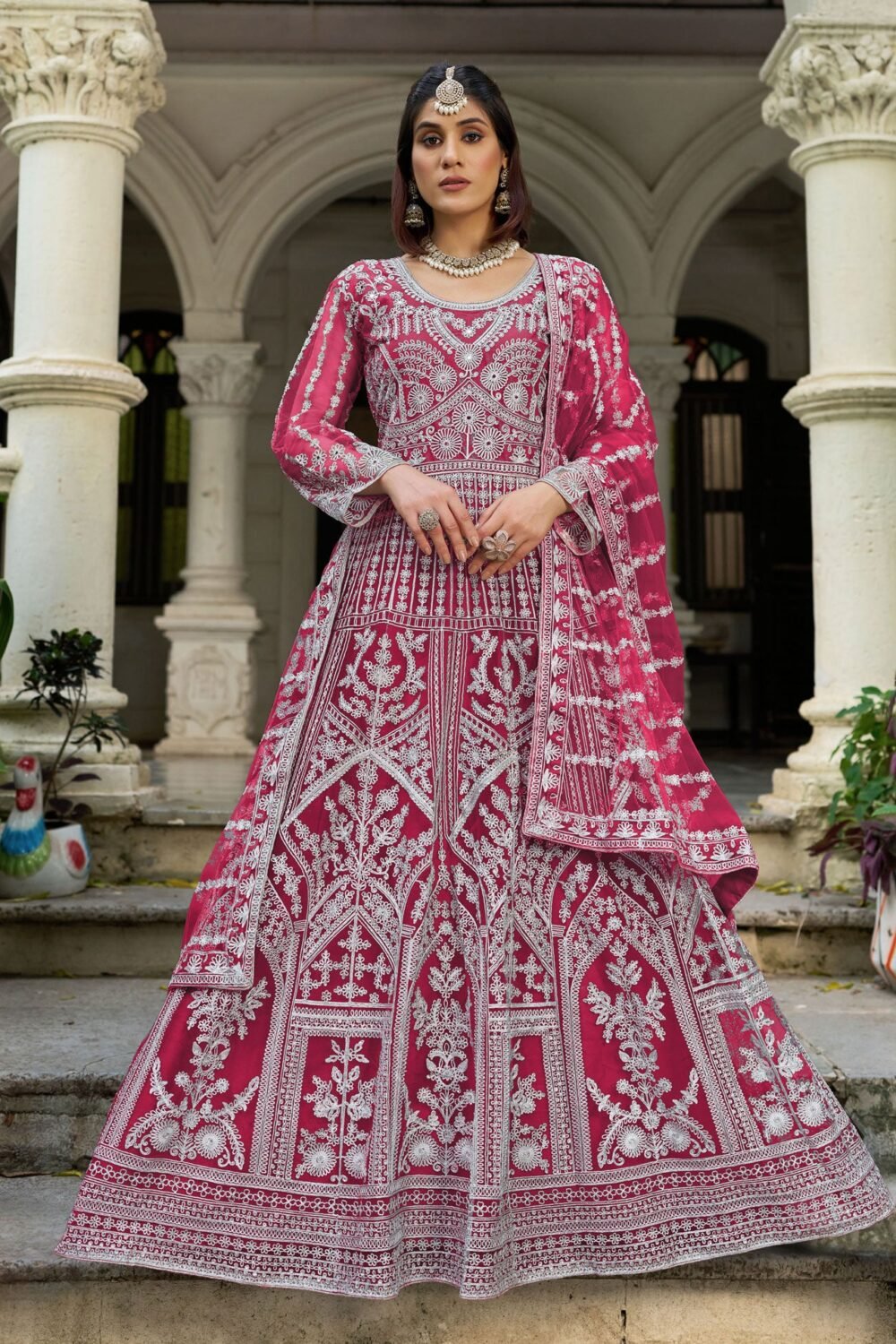 Red Net Readymade Anarkali Kurta Suit For Women With Dupatta