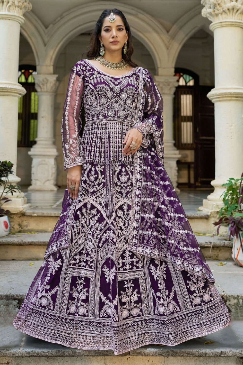 Purple Net Readymade Anarkali Kurta Suit For Women With Dupatta